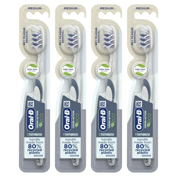 Get a 4 Pack of Oral-B CrossAction Eco Manual Toothbrushes with medium bristles, made from 80% recycled plastic and packaged sustainably. Choose this dentist-recommended Oral B product for effective daily oral care.